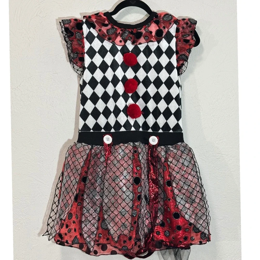 Spirit Halloween Clown Costume Kids Large Red Black Harlequin Diamond Dress